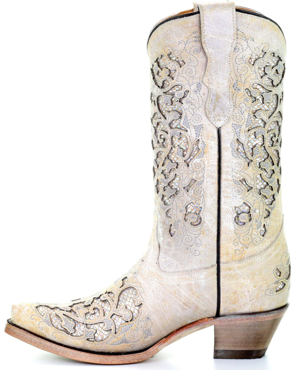 Corral Teens White Glitter Inlay & Embroidery Wedding Boots T0021
